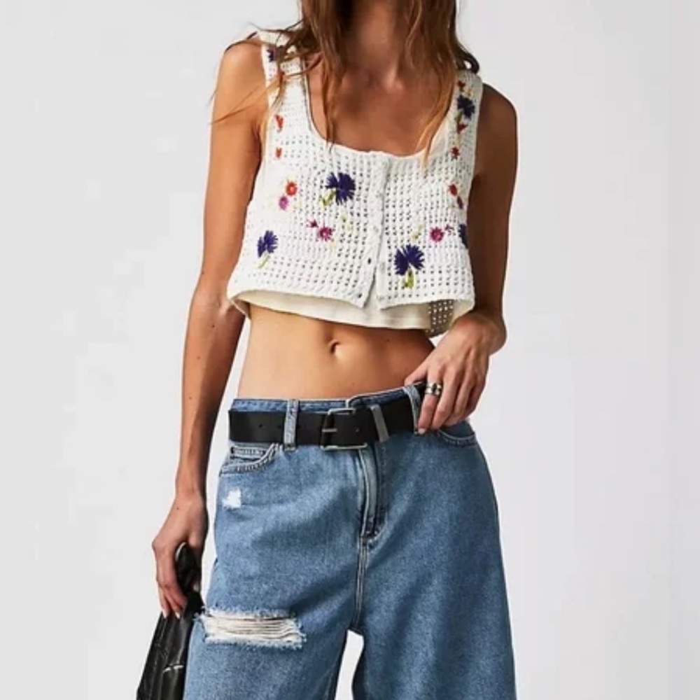 Free People Cream Crotchet Cropped Tank Top